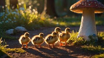 Four ducklings walking in a sunlit forest near a large mushroom. photo