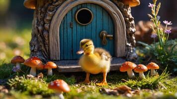 A cute duckling stands outside a whimsical mushroom house in a vibrant natural setting. photo