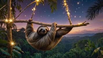 A sloth hanging from a branch adorned with lights in a lush jungle at sunset. photo