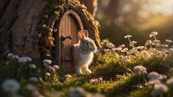 A cute rabbit emerging from a whimsical door in a forest setting surrounded by flowers. photo