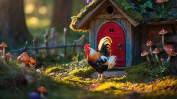 A colorful rooster stands in front of a whimsical miniature house surrounded by mushrooms. photo