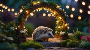 A hedgehog in a whimsical garden under fairy lights, creating a magical atmosphere. photo