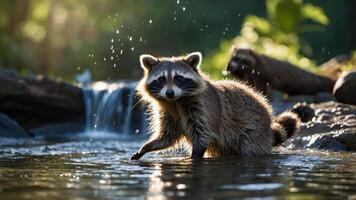 A raccoon wading in a stream, with another raccoon in the background near a waterfall. photo