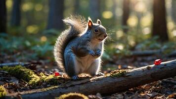 A squirrel stands on a log in a sunlit forest, surrounded by greenery and small objects. photo