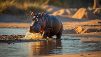 A hippo wades through shallow water, splashing as it approaches the sandy shore. photo
