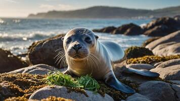 A seal resting on rocks by the shore, surrounded by seaweed and ocean waves. photo