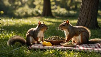 Two squirrels sharing a meal on a picnic blanket in a sunny park setting. photo