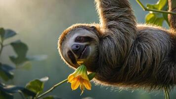 A sloth hanging from a branch, playfully interacting with a flower. photo