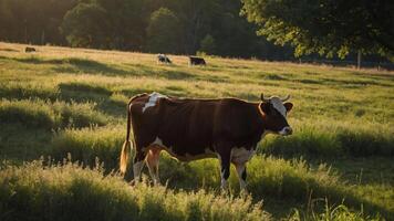 A cow stands in a sunlit field, surrounded by tall grass and distant grazing cattle. photo