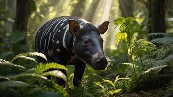 A tapir in a sunlit forest, surrounded by ferns and trees, showcasing its natural habitat. photo
