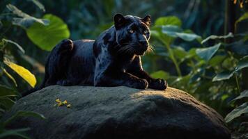 A black panther rests on a rock amidst lush greenery, showcasing its sleek form and keen gaze. photo