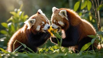 Two red pandas playfully interact with a flower in a lush green setting. photo