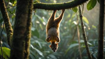 A sloth hanging upside down on a tree branch in a lush green forest. photo