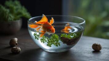 A goldfish swims in a glass bowl with water and green plants, creating a serene atmosphere. photo