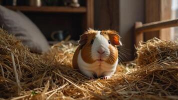 A guinea pig resting on straw in a cozy indoor setting. photo