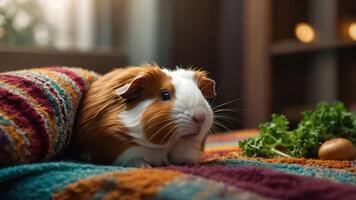 A guinea pig resting on a colorful blanket next to fresh greens. photo