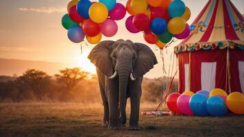 An elephant stands near colorful balloons by a circus tent during sunset. photo