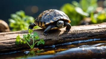 A turtle resting on a log near water, surrounded by greenery. photo