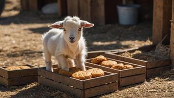 A playful goat stands on wooden crates filled with baked goods in a farm setting. photo
