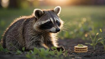 A raccoon sits on the ground near a stack of cookies, illuminated by soft sunlight. photo