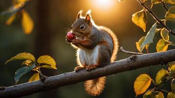 A squirrel perched on a branch, enjoying a small fruit against a sunset backdrop. photo