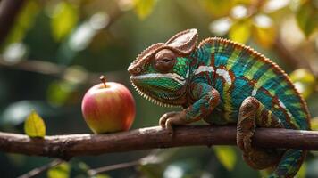 A colorful chameleon perched on a branch next to a red apple in a natural setting. photo
