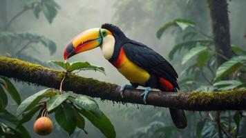 A colorful toucan perched on a branch amidst a misty rainforest. photo