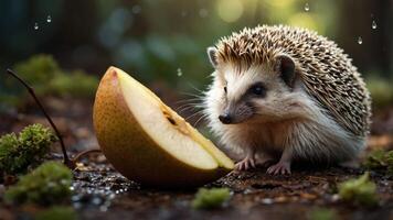 A hedgehog curiously examines a sliced apple in a serene, natural setting. photo