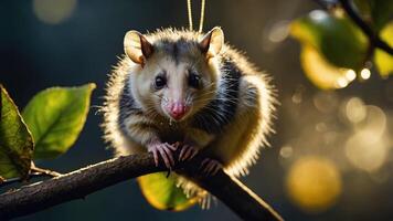 A close-up of a possum perched on a branch, surrounded by leaves and soft lighting. photo