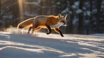 A red fox gracefully runs through a snowy landscape, illuminated by soft sunlight. photo
