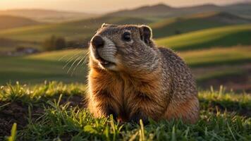 A close-up of a marmot in a grassy landscape during sunset. photo