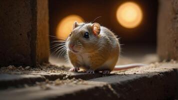 A close-up of a small rodent in a dimly lit environment, highlighting its features. photo