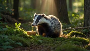 A badger enjoying honey from a bowl in a sunlit forest setting. photo