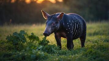A unique animal grazing in a lush field during sunset. photo