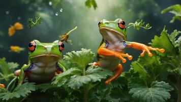 Two frogs perched on greenery, surrounded by a lush, vibrant environment. photo