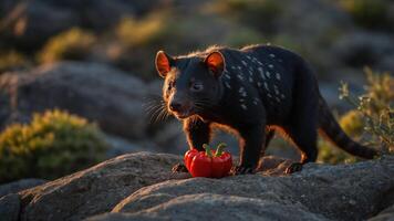 A Tasmanian devil stands on rocks beside a red bell pepper in a natural setting. photo