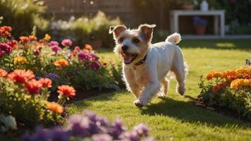 A playful dog running through a vibrant flower garden in a sunny setting. photo