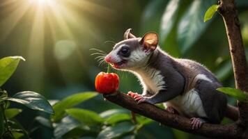 A sugar glider perched on a branch, enjoying a cherry-like fruit in a sunlit environment. photo