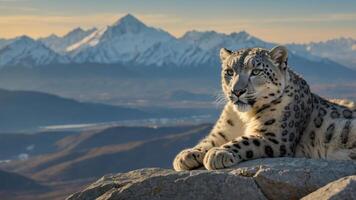 A snow leopard rests on a rocky ledge with majestic mountains in the background. photo