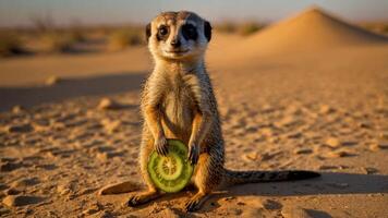 A meerkat stands on sand holding a slice of kiwi, showcasing a playful desert scene. photo