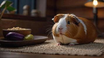 A guinea pig rests on a textured surface with food nearby, creating a cozy atmosphere. photo