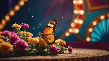 A butterfly perched on colorful flowers in a vibrant, whimsical setting. photo