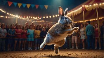 A rabbit leaps in a circus ring, entertaining an audience under colorful lights. photo