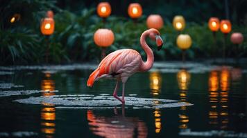 A flamingo wades through a serene pond illuminated by glowing lanterns. photo