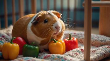 A guinea pig surrounded by colorful toy peppers on a cozy blanket. photo