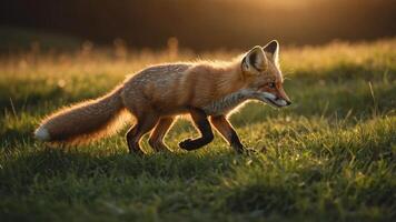 A red fox walking through a grassy field during sunset. photo
