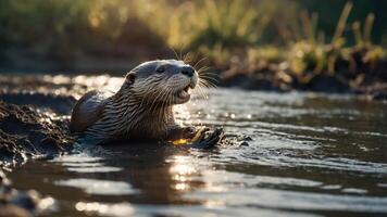 A playful otter emerges from the water, showcasing its wet fur and lively expression. photo