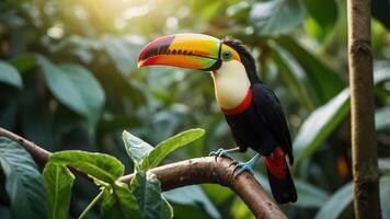A vibrant toucan perched on a branch amidst lush greenery, showcasing its colorful beak. photo