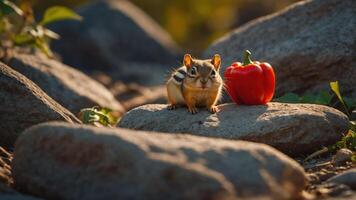 A chipmunk sits on rocks beside a red bell pepper in a natural setting. photo