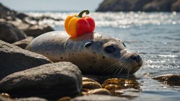 A seal resting on rocks by the water with a bell pepper on its head. photo
